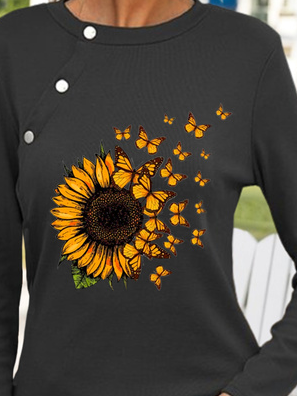 Sunflower Butterfly Long Sleeve Buckle Crew Neck Casual T-Shirt