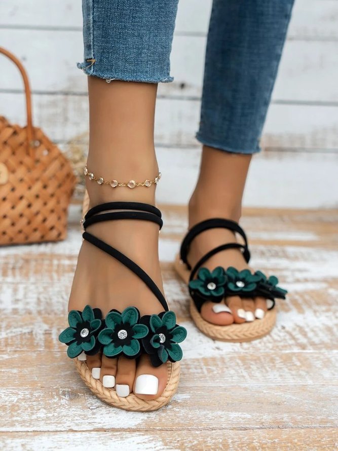 Flower & Rhinestone Decor Multi-way Wear Slingback Sandals