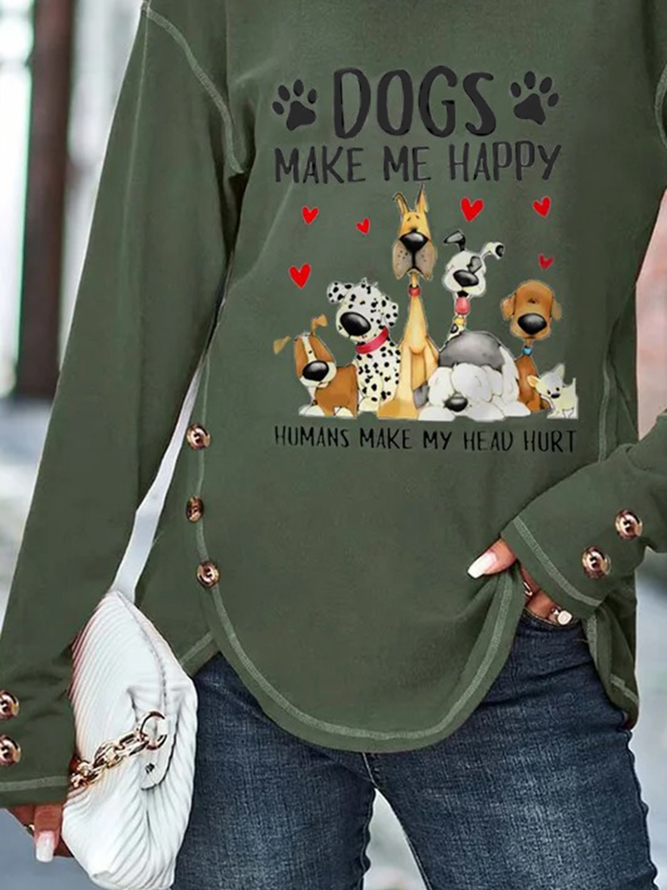 Dogs Letters Buckle Long Sleeve Crew Neck Casual Tunic T-shirt