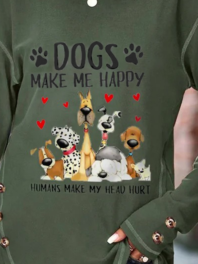 Dogs Letters Buckle Long Sleeve Crew Neck Casual Tunic T-shirt
