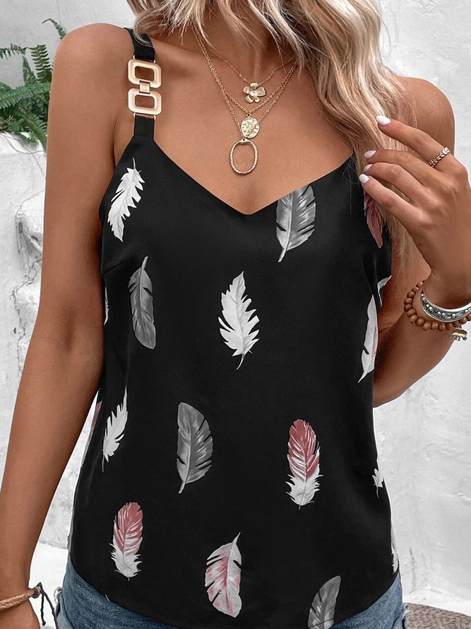 Casual V Neck Feather Pattern Loose Tank & Cami