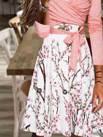 Cross Neck Lace-Up Floral Printed Casual Dress