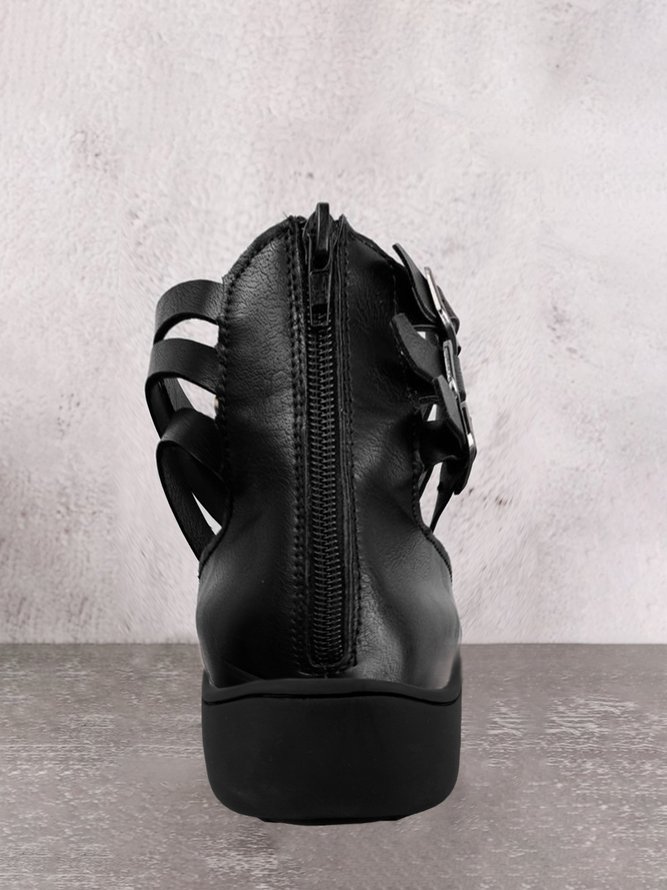 Vintage Black Buckle Decor Comfy Sole Shallow Shoes wtith Back Zip