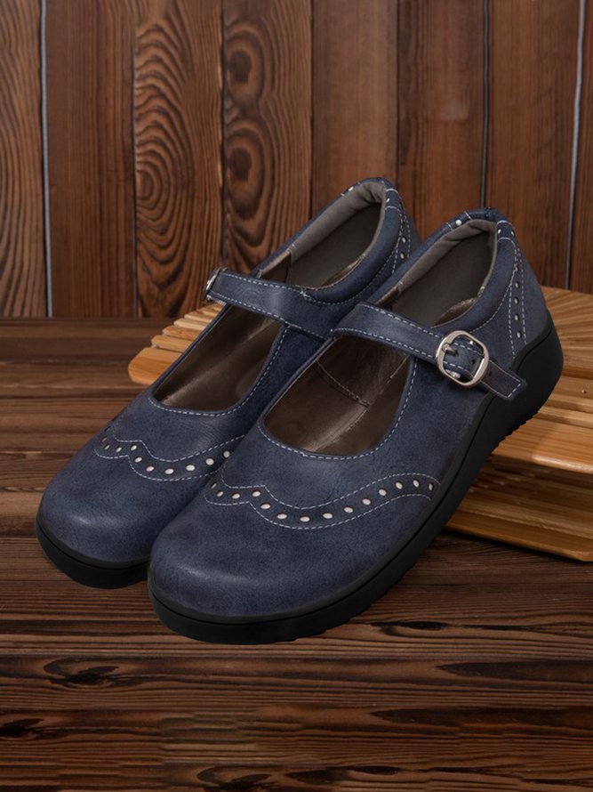 Vintage Navy Blue Adjustable Buckle Mary Jane Flat Shoes