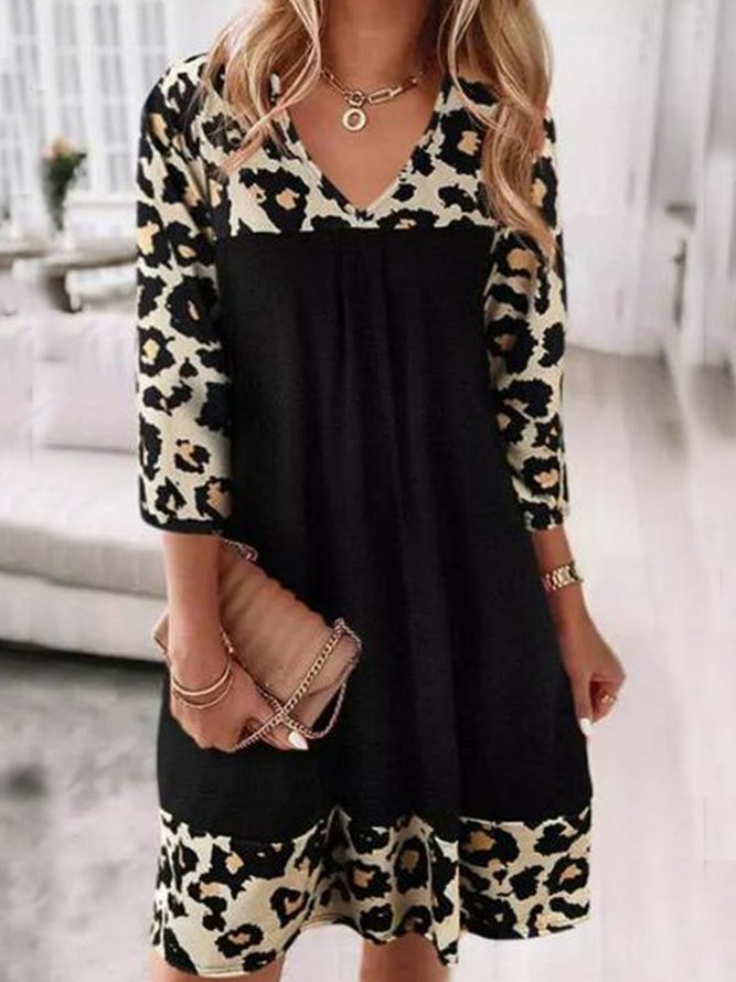 Loose Leopard Casual V Neck Dress