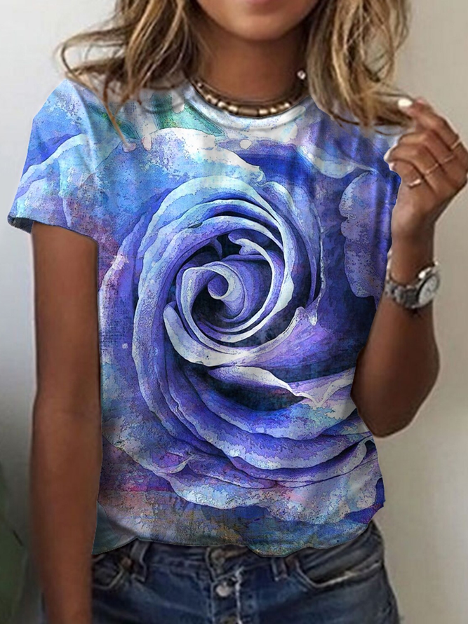 Jersey Casual Crew Neck Blue Floral T-Shirt