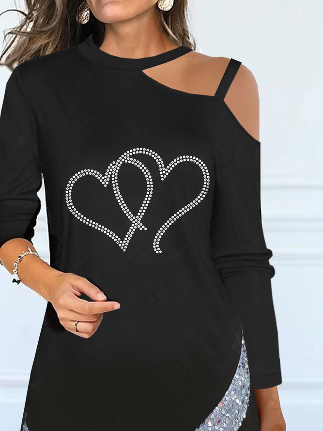 Heart/Cordate Glitter Casual Hollow Out Cold-shoulder Tunic Top