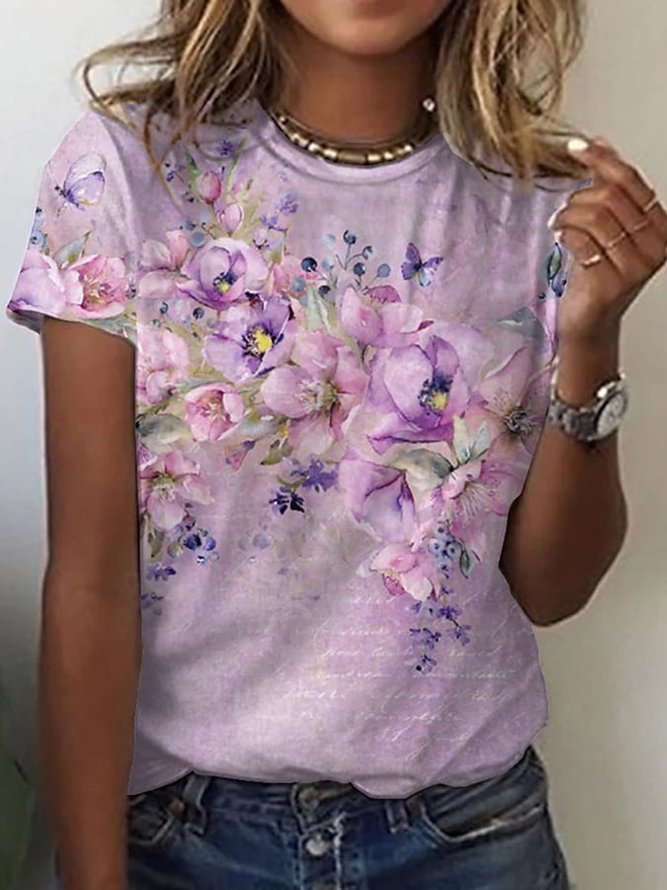 Floral Crew Neck Loose Casual T-Shirt