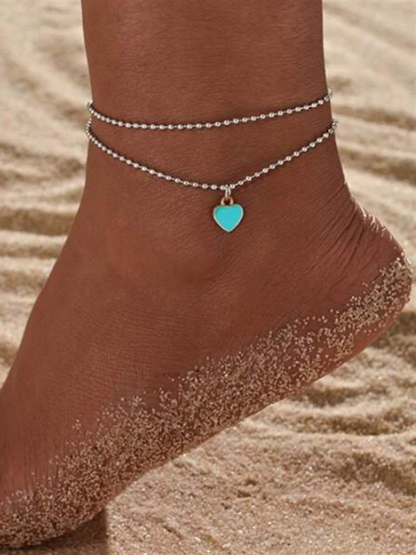 Boho Vacation Teal Heart Pattern Layered Anklet Beach Jewelry