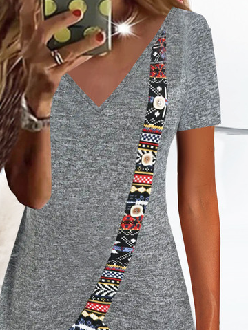 Jersey Ethnic Printed V-neck Casual T-Shirt