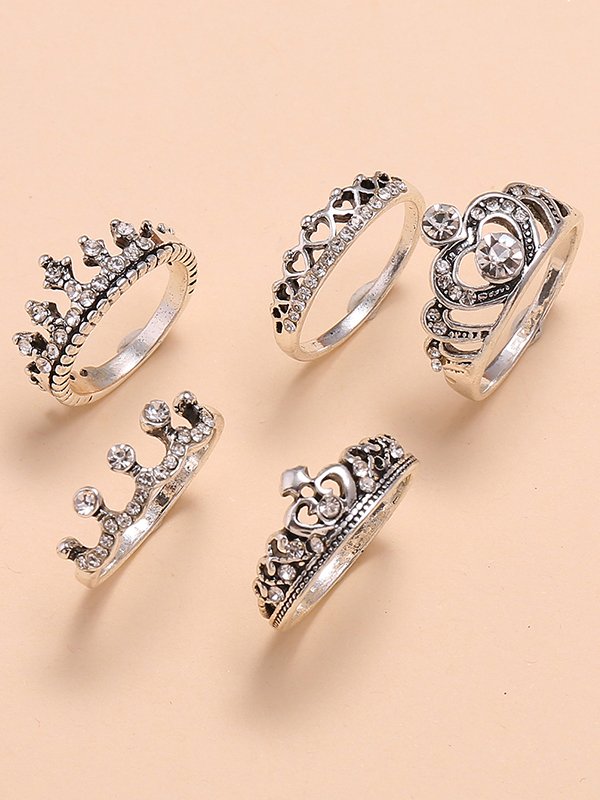 5Pcs Casual Retro Distressed Crown Queen Diamond Ring Set Ethnic Holiday Jewelry