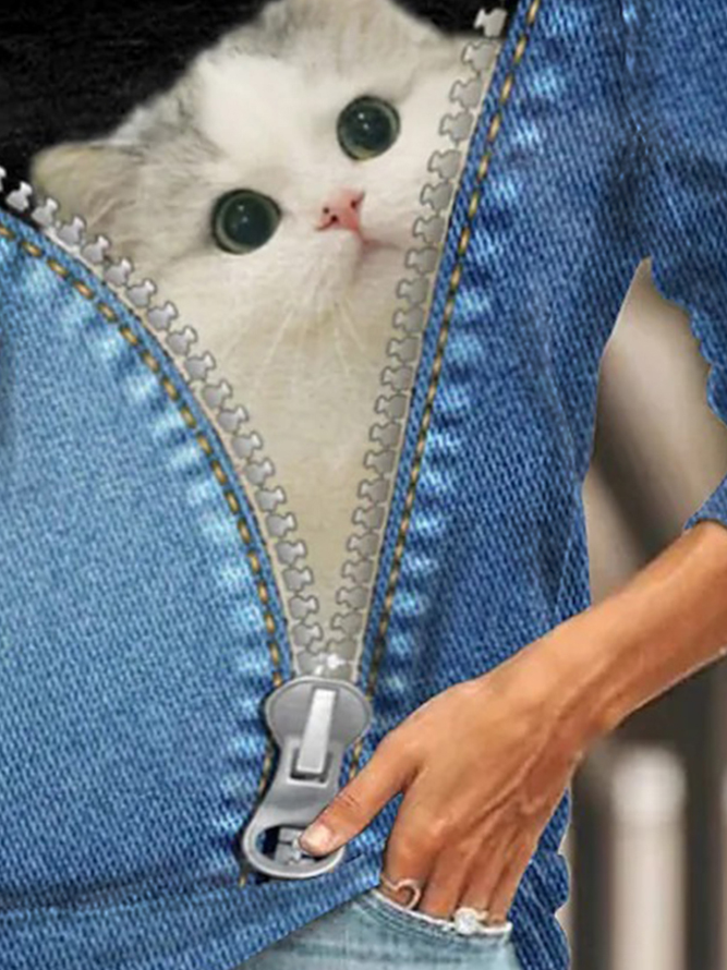 Casual Cat Crew Neck Long Sleeve Sweatshirt