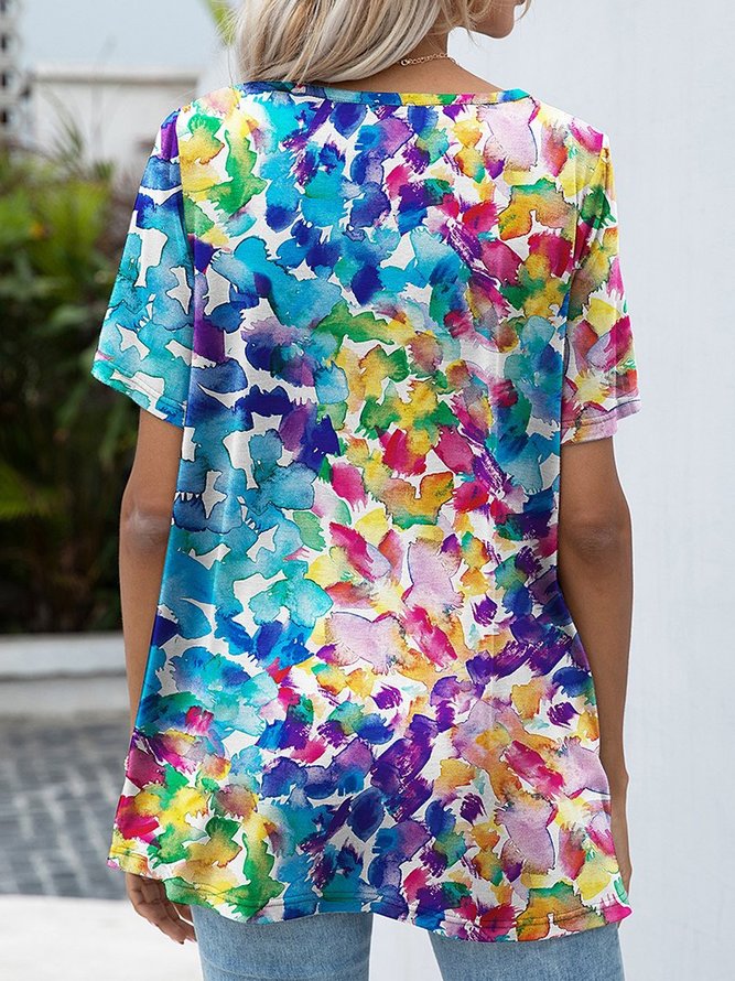 Abstract Short Sleeve V Neck Casual T-Shirt