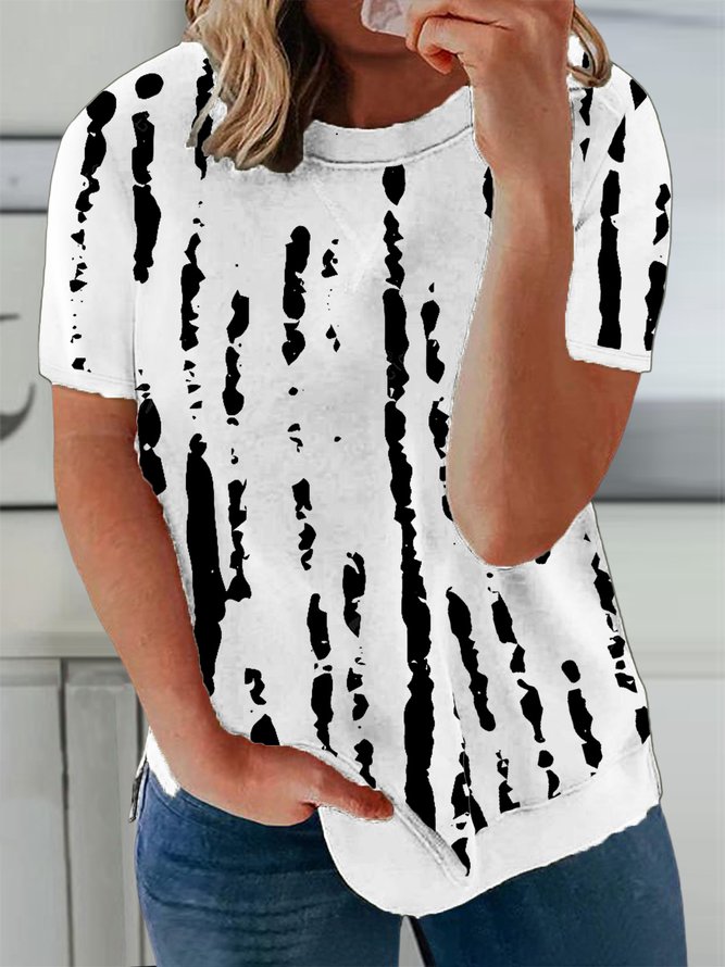 Plus Size Casual Abstract Stripes Crew Neck Jersey T-Shirt