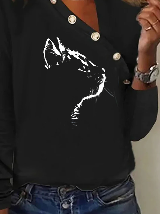 Casual Cat Printed Asymmetrical Collar T-Shirt