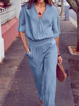 V Neck Plain Loose Casual Two-Piece Set