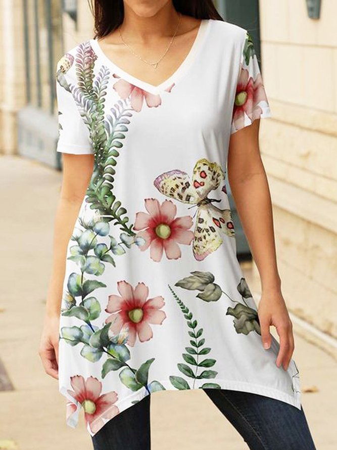 Green Floral V Neck Loose Casual T-Shirt
