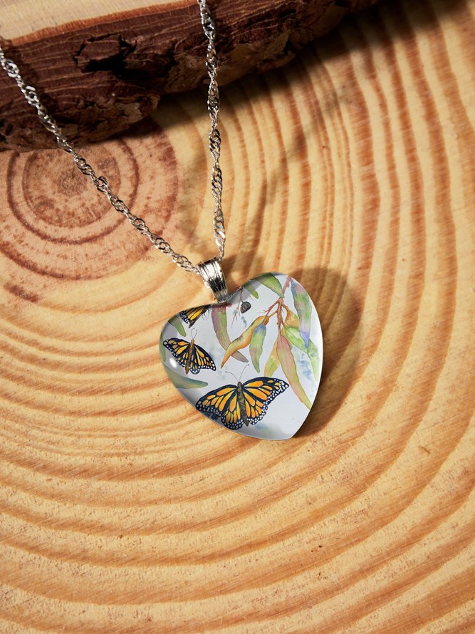 Casual Butterfly Flower Pattern Heart Time Gemstone Necklace Everyday Versatile Jewelry