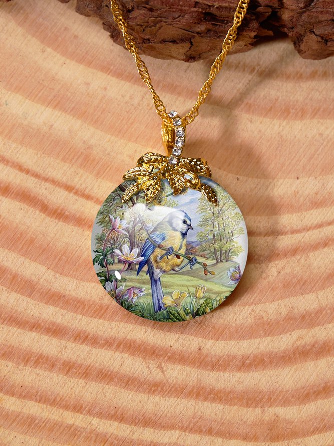 Transparent Time Stone Bird Floral Pattern Pendant Necklace Vintage Jewelry