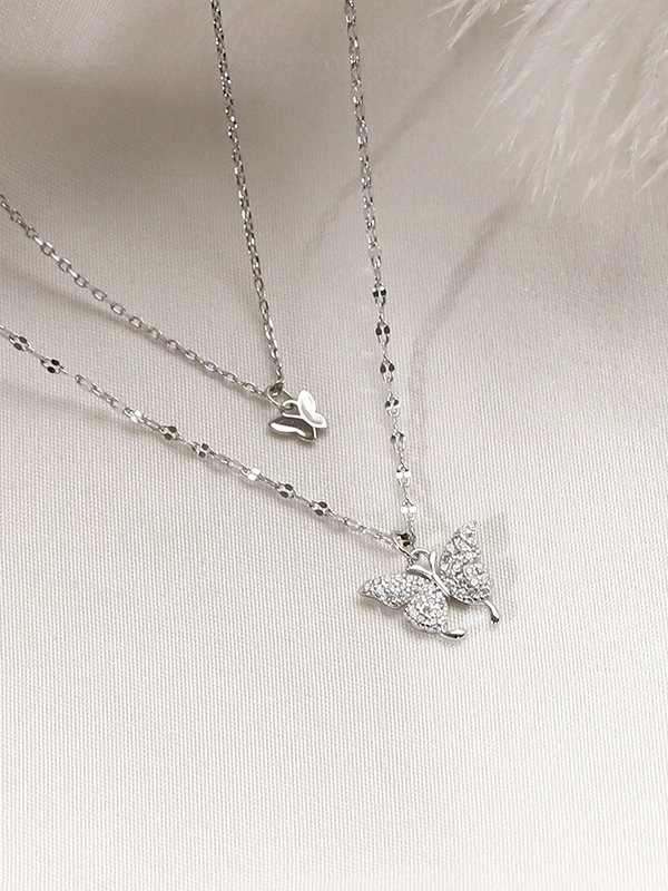 Everyday Silver Diamond Butterfly Layered Pendant Necklace Beach Vacation Party Jewelry