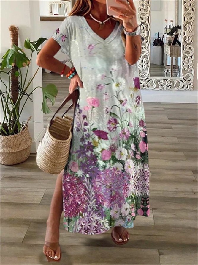 Plus Size Jersey Vacation V Neck Loose Dress