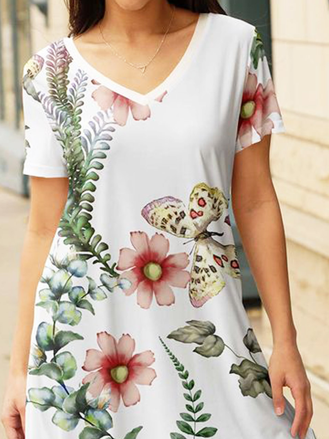 Green Floral V Neck Loose Casual T-Shirt