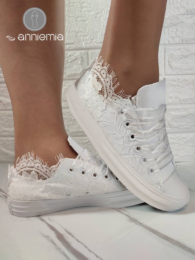 Wedding White Lace Lace-up Canvas Shoes