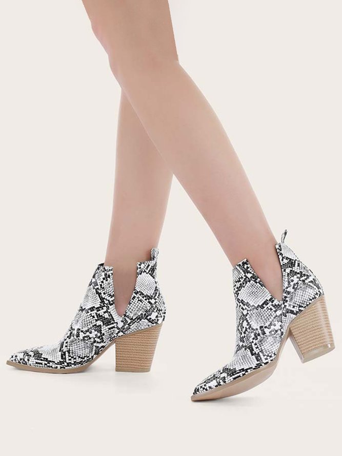 Snake-print Stitching Upper Pointed Toe Chunky Heel Ankle Boots