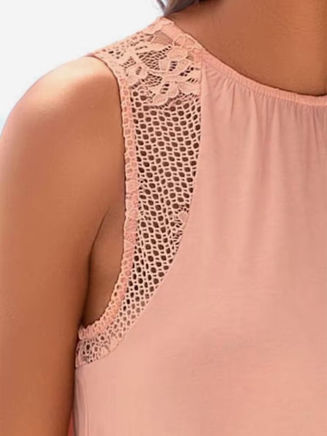 Plain Sleeveless Casual Lace Tank Top