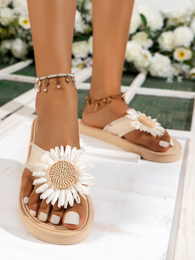 Vacation Beige Sunflower Beach Flip-Flops