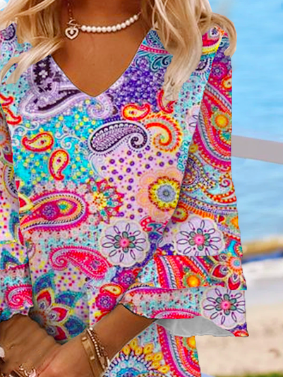 Plus Size Paisley V Neck Vacation Loose Dress