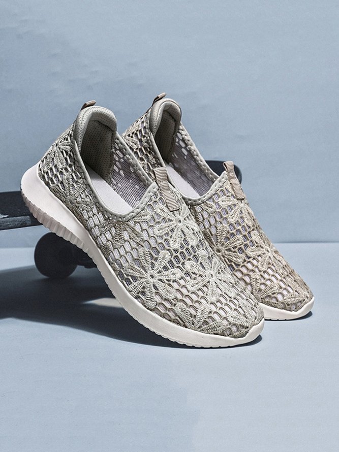 Floral Embroidery Mesh Slip On Casual Walking Shoes