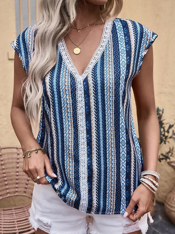 Ethnic Cap Sleeve V Neck Lace Edge Vacation Shirt