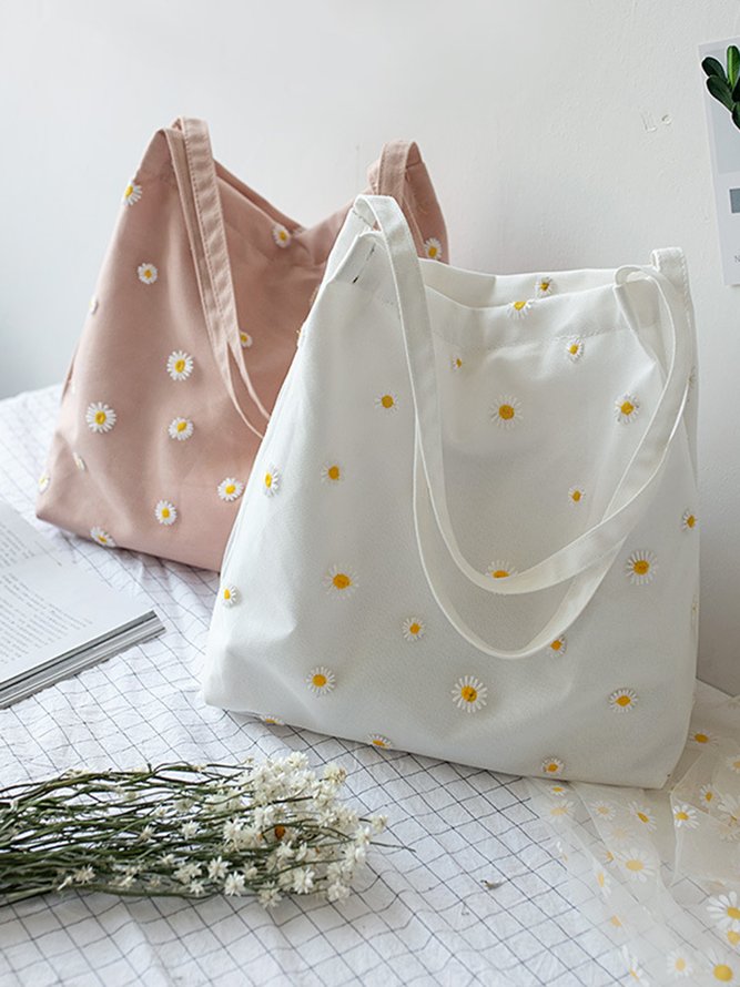 Spring Summer Daisy Embroidery Mesh Canvas Bag