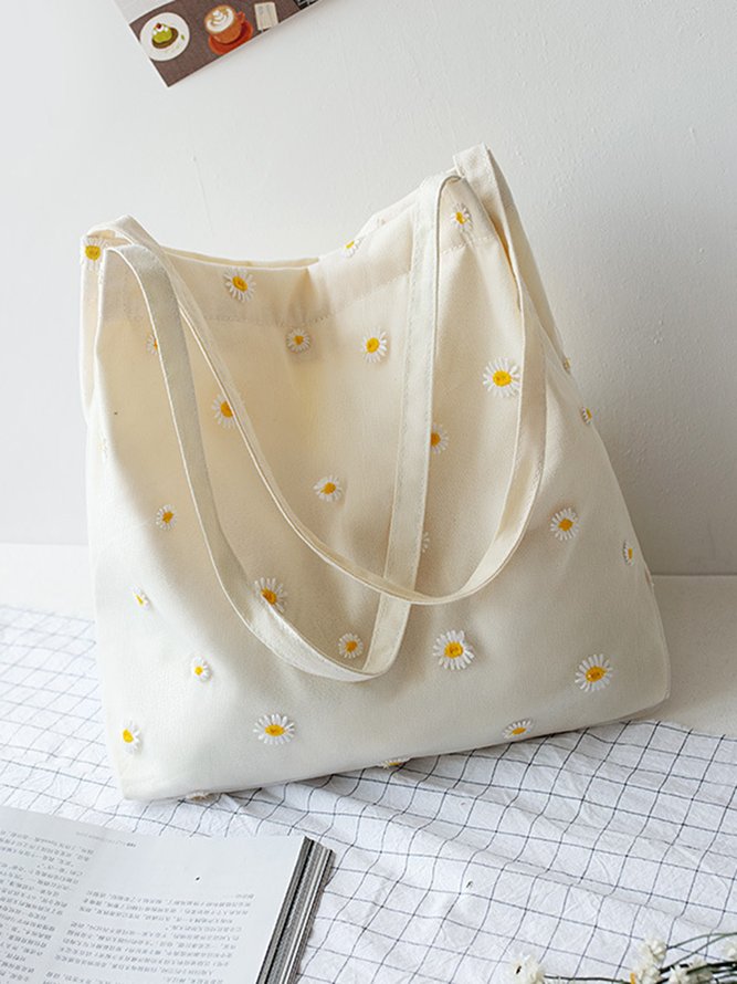 Spring Summer Daisy Embroidery Mesh Canvas Bag