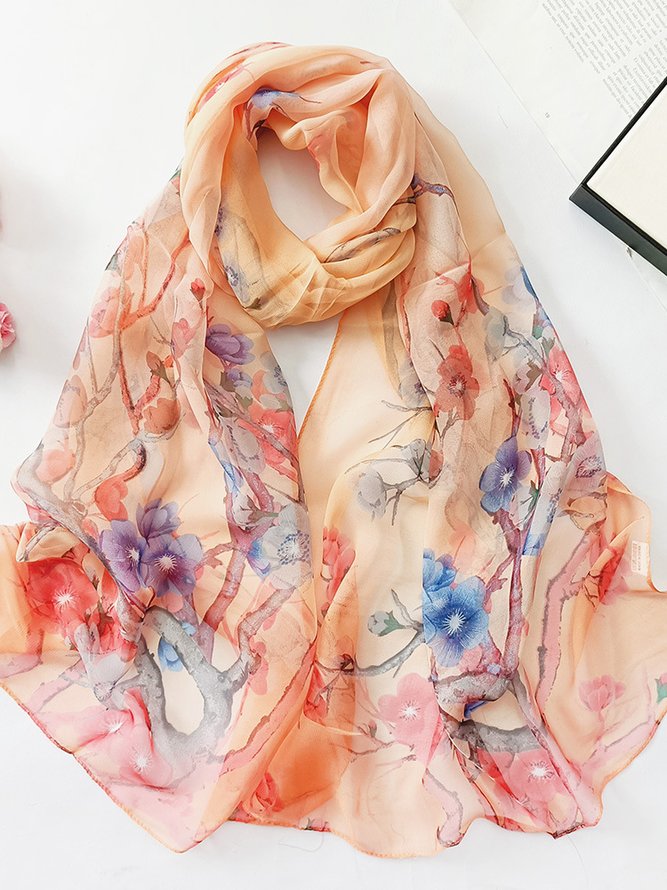 Boho Style Silk Floral Plum Blossom Scarf Neck Beach Vacation Accessories