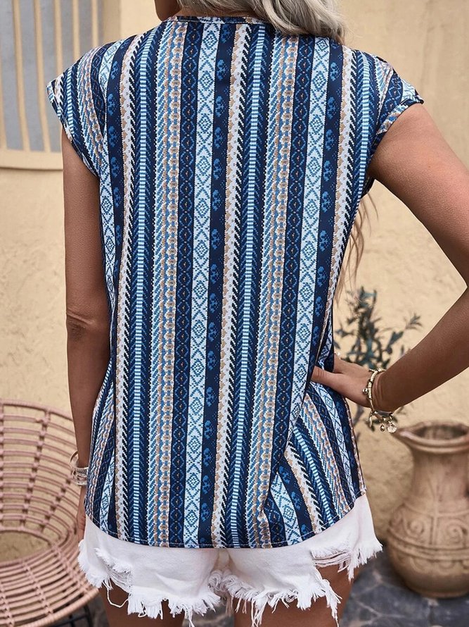Ethnic Cap Sleeve V Neck Lace Edge Vacation Shirt