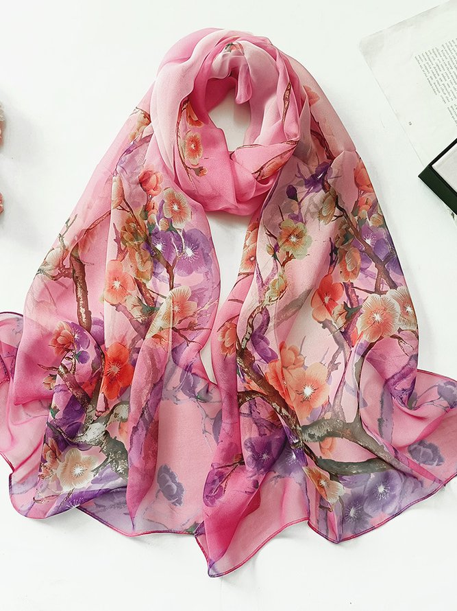 Boho Style Silk Floral Plum Blossom Scarf Neck Beach Vacation Accessories