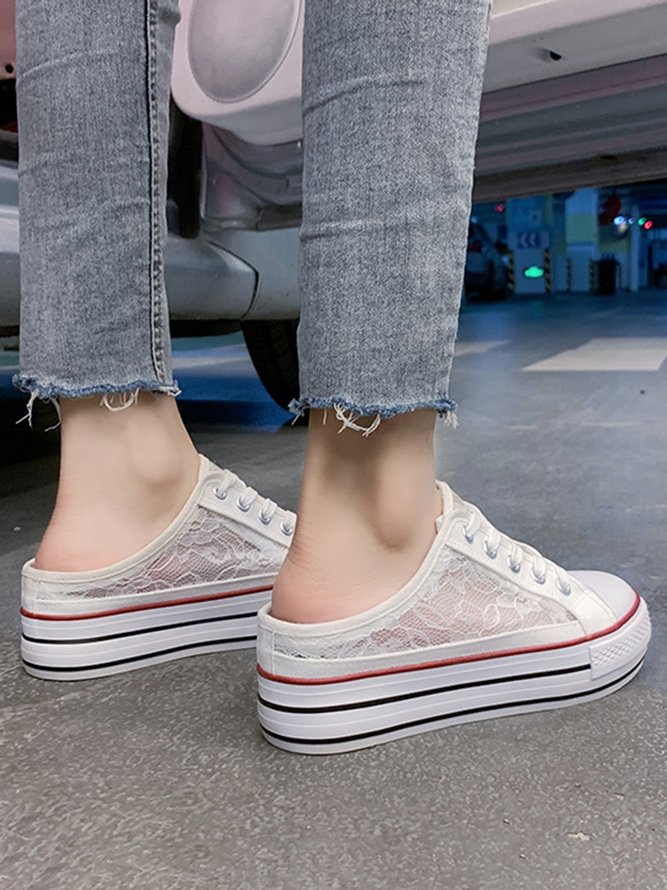 White Black Lace Breathable Platform Canvas Shoes