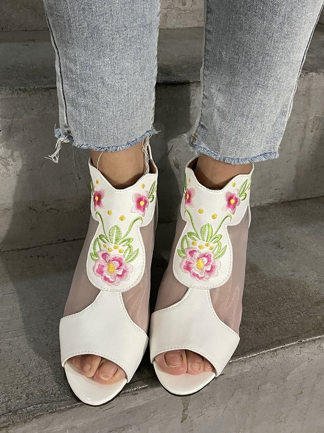Ethnic Embroidery Mesh Breathable Chunky Heel Sandals