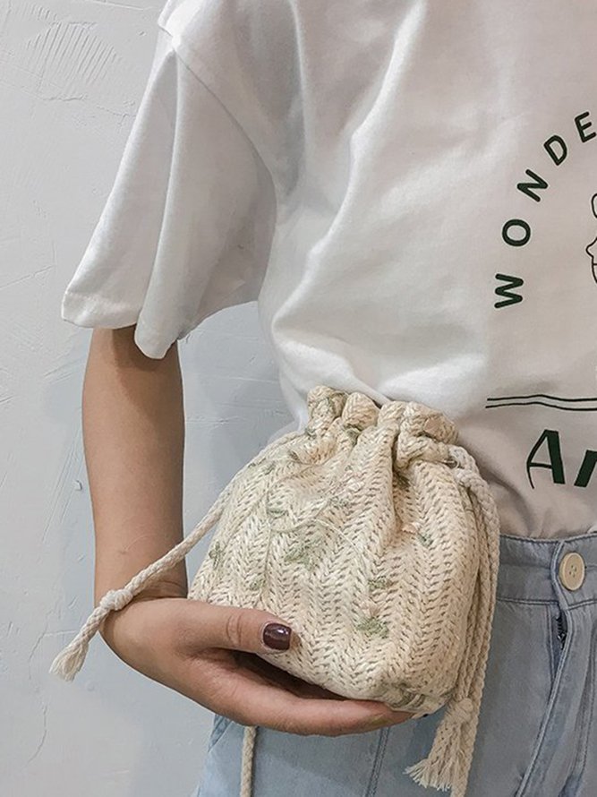 Floral Embroidery Woven Bucket Bag