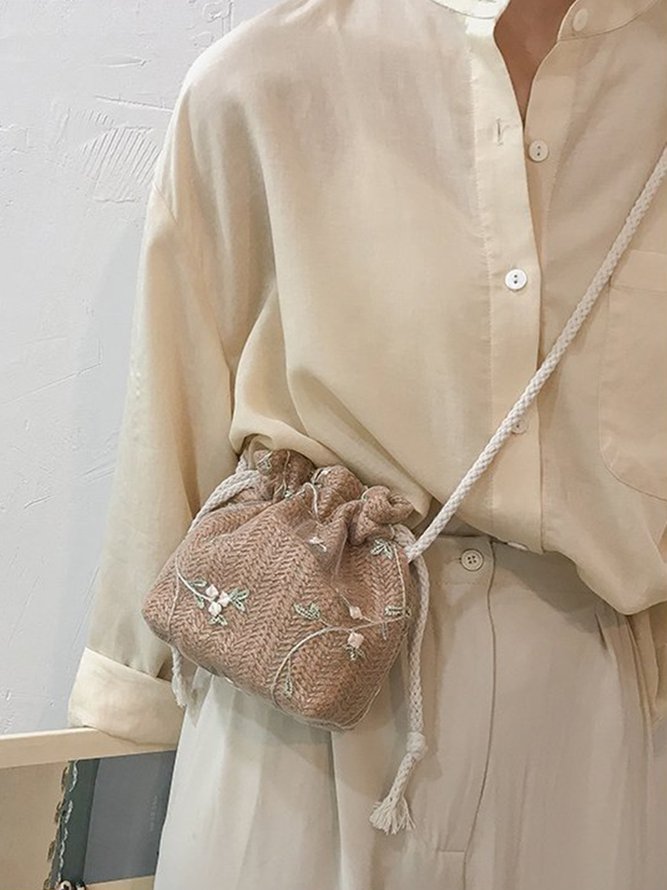 Floral Embroidery Woven Bucket Bag