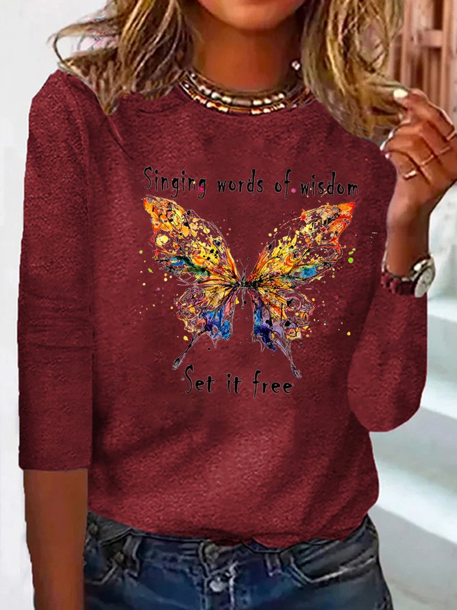 Butterfly Logo Long Sleeve Loose Crew Neck Casual T-Shirt