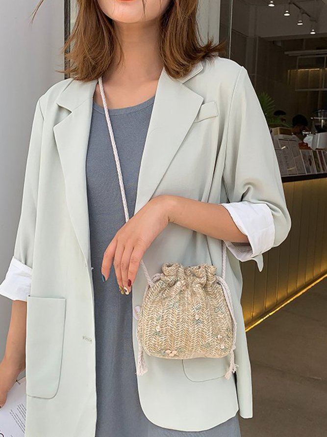 Floral Embroidery Woven Bucket Bag