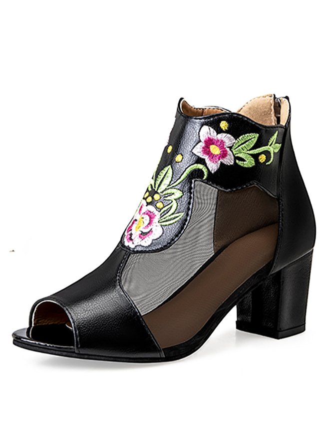 Ethnic Embroidery Mesh Breathable Chunky Heel Sandals