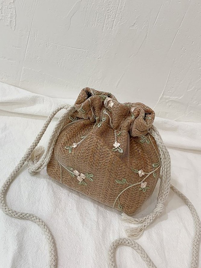 Floral Embroidery Woven Bucket Bag