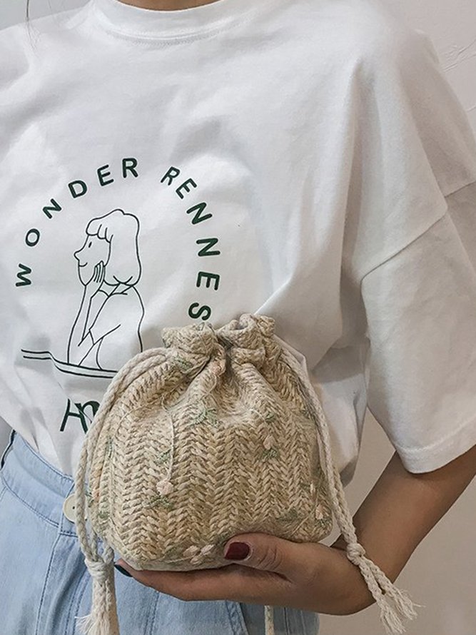 Floral Embroidery Woven Bucket Bag
