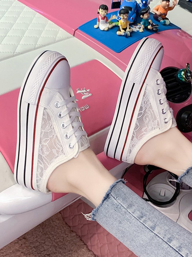White Black Lace Breathable Platform Canvas Shoes