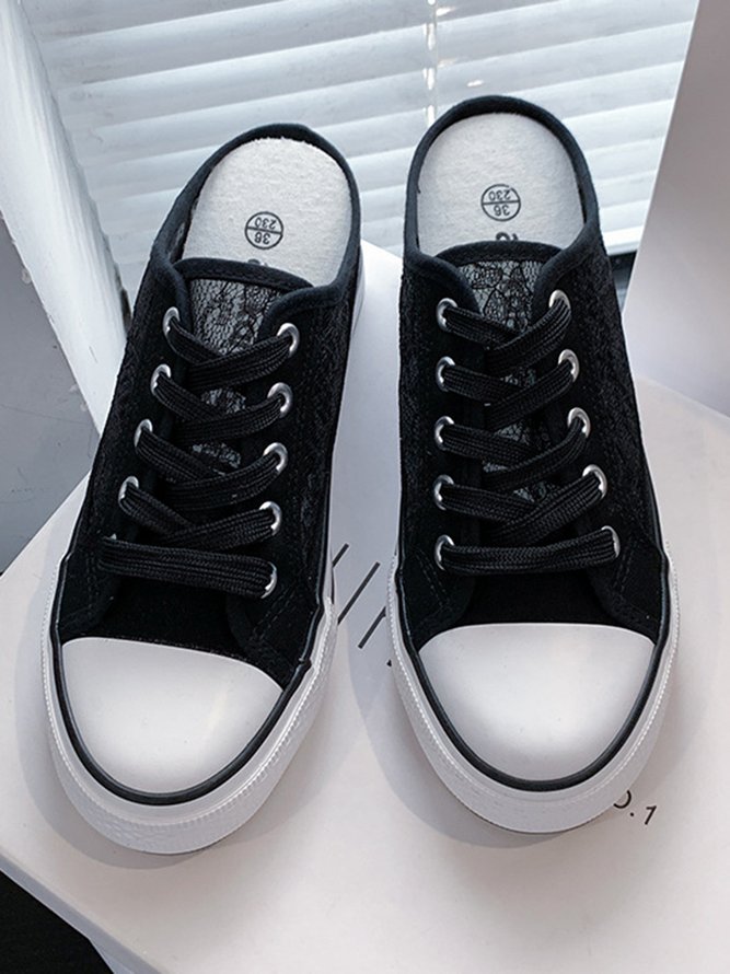 White Black Lace Breathable Platform Canvas Shoes