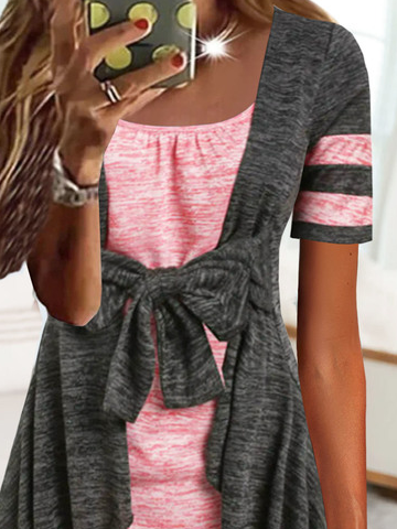 Square Neck Lace-Up Casual Color-block Shirt